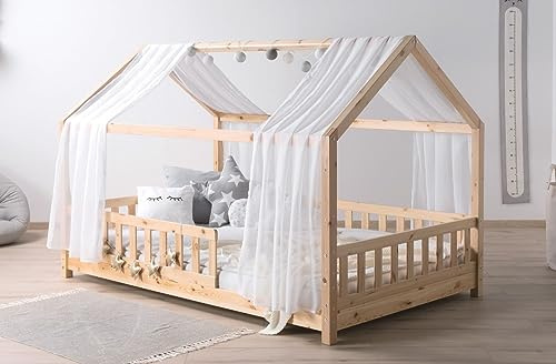 TiCAA Kinderbett Hausbett mit Tüll Kim inkl. Rolllattenrost