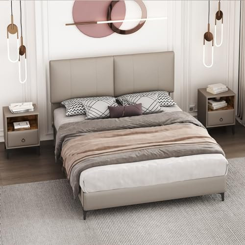 Daesar Doppelbett 140x200 mit 2 Nachttische Set, Nachttisch mit Schublade Polsterbett mit Lattenrost und Kopfteil, Kinderbett Jugendbett PU, Hellgrau