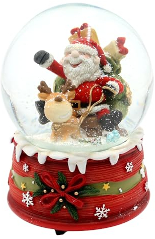 Dekohelden24 Schneekugel Fröhlicher Weihnachtsmann mit Rentier auf weihnachtlichen Sockel, mit Spielwerk, Melodie: Rudolph The red-Nosed Reindeer, L/B/H/Ø Kugel 10 x 10 x 15 cm Ø 10 cm.