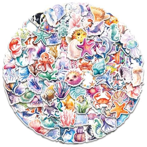 AOWDIAO 100 Pcs Ocean Stickers Cute Sea Creature Vinyl Stickers Gifts for Kids Party Crafts Favors Ocean Animal Stickers for Water Bottles Laptop Decor