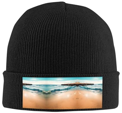 Strickmütze mit Strandlandschaft, ein Muss im Winter, traufloses Acryl-Material, warm, weich und bequem, um Sie durch die kalte Jahreszeit zu schützen, Schwarz, Schwarz, XL/Einheitsgröße