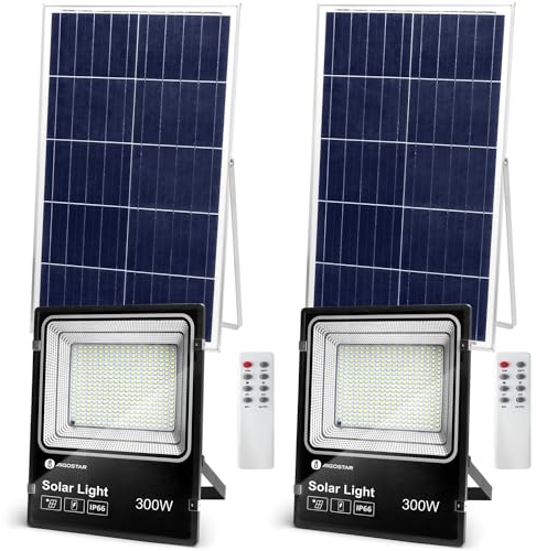 Aigostar-Foco proyector LED solar con mando a distancia,300W,6500K luz blanca.Resistente al agua IP66.Perfectos para interior y exterior jardín,patios,caminos o garajes,Longitud de cable 2M,2 Piezas