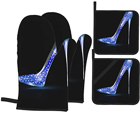 4 Stück Ofenhandschuhe Set Girly High Heel Blue Diamond Nietenschuh Auf Schwarzer Schönheitsfrau Ofenhandschuhe Kitchen Hitzebeständige Backhandschuhe, Für Backen, Küche