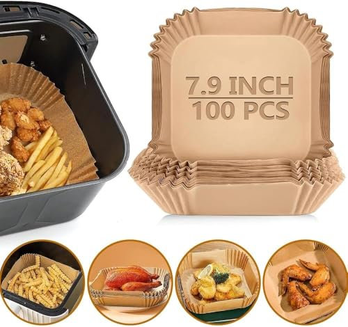 Air Fryer Liners Non-Stick Airfryer Liners Parchment Paper Disposable Oil & Water Proof Round Air Fryer Accessories for Baking, Roasting & Cooking (7.9inch Square-100 Pcs..)