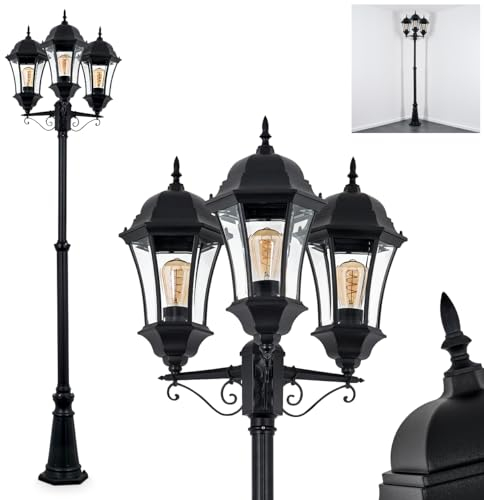 Außenwegeleuchte Etoe, Wegeleuchte aus Metall/Glas in Schwarz/Klar, Kandelaber in antikem Look, Höhe max. 250 cm, Landhaus Gartenbeleuchtung IP44, 3 x E27, ohne Leuchtmittel