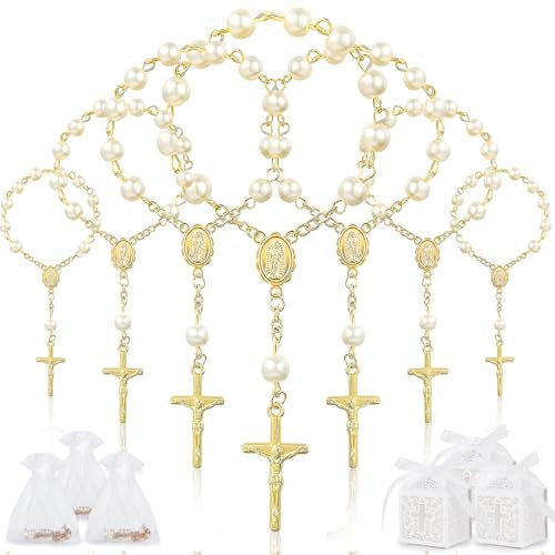 SWAWIS 50 Stück Taufrosenkranz Rosenkranz Gastgeschenk Taufe mit 50 Präsent Boxen 50 Garnsäcke Mini Rosenkränze Gastgeschenke Taufe Deko für Taufe Kommunion Hochzeit Party Gefälligkeiten, Gold