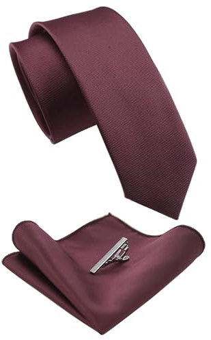 JEMYGINS Schmale Herren Krawatte und Einstecktuch krawattenklammer Set 6cm kastanienbraun