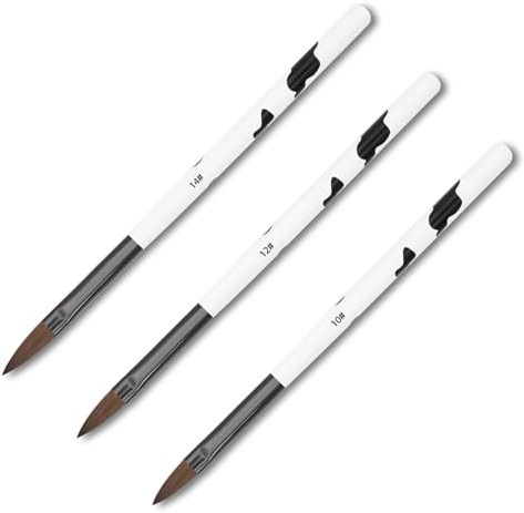 QUETTO Acrylic Nail Brush Set 3pcs Professional Nail Brush for Acrylic Strong Absorption Brush Hair Nail Art Brushes Nail Tools Kit Size 10/12/14