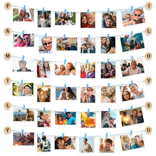 Uping Portafoto da Parete Multiplo Cornici Foto Multiple da Parete Porta Foto con Mollette Appendi Foto Bacheca Foto Fai da te（Clip di Legno Blu