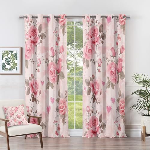 Floral Curtains for Bedroom - Pink Rose Flower Botanical Blackout Panels 46 x 54 Inch (Width x Drop) 2 Panels, Romantic Garden Eyelet Drapes