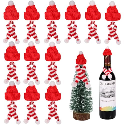 24stk Mini Weihnachtsmützen, Gestrickt Mini Nikolausmütze und Schal, Flaschenmütze Weihnachten, Klein Mützen, Wichtelmützen zum Basteln, Weihnachtsmützen für Flaschen Sorgenwürmchen Besteckhalter Deco