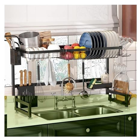 Escurridor de platos Estante for secar platos sobre el fregadero, estante for fregadero de 2 niveles de longitud ajustable (33,5-36,2 pulgadas), acero inoxidable grande expandible for cocina Escurrido