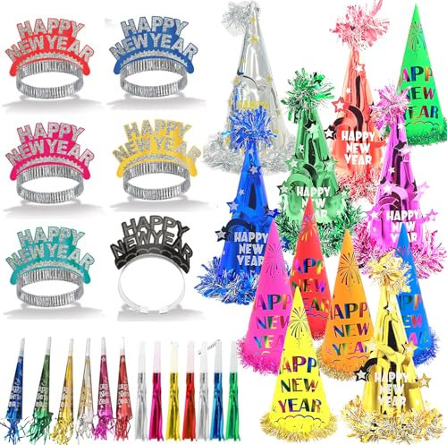 ZYDNANYANG Neujahr 2026 Partyhut Neujahr Silvester,12 Stück Partyhüte Dreieckiger spitzer Hut,6 Frohes Neues Jahr Stirnband Tiara Hörner Hüte (4)