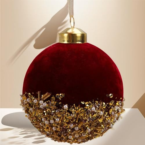 12 palline di Natale in velluto, 7,9 cm, in plastica floccata, infrangibili, con paillettes, con perline, decorazioni per la casa e per feste (bordeaux, 12 pezzi)