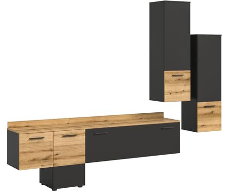 Inn.Furn Wohnwand grau und Eiche Evoke Wohnkombination Schrankwand 3-teilig mit Soft-Close-Funktion 247 cm Elian