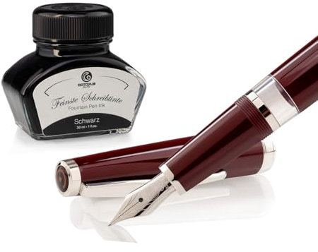 Octopus Cleo Skribent Classic Palladium, Füllhalter-Set, Kolben-Füllhalter, M-Feder und 30 ml Tinte schwarz