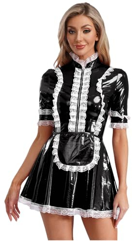 Fldy Damen Kostüm Dienstmädchen Lack Leder Maid Kleid Schürz Set Fasching Karneval Kostüm Französisches Magd Outfit Schwarz M