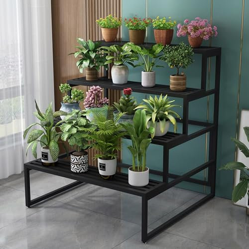 Pflanzenständer aus Metall, 4 Etagen, für Haus, Garten, Balkon, Blumentopf, Lagerregal, Leiter, Pflanzgefäß, schwarz, 80 cm