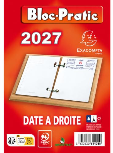 Calendrier 2027 Bloc Éphéméride de Bureau - RdV à Gauche - Date à Droite | Saint du jour, phases de lune, lever et coucher du soleil