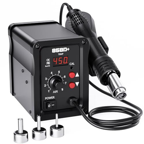 700W Heißluft Lötstation,858D Hot Air Rework Station mit LED Display, 3 Düsen, 100-450°C Temperatur Einstellbar SMD Entlötstation für DIY, Nachbesserungen, Repara (EU-Stecker)