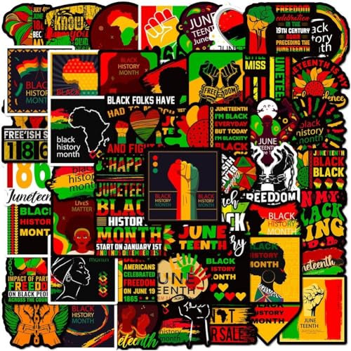 Lpitoy 50 Pcs Black History Month Stickers, Waterproof Decals for Water Bottles Laptops Phones, African American Juneteenth Stickers Party Decorations
