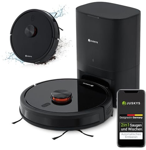 Juskys Saugroboter EcoTrek M300 Set mit Absaugstation, Wischfunktion und Zubehör - Staubsauger Roboter, Laser LDS-Navigation, App-Steuerung