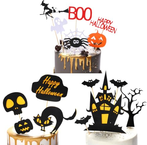 Kuchen Deko Halloween mit Fledermaus Kürbis Schloss Hexe Besen Mond Cupcake Toppers, 15 Stücke Halloween Kuchen Topper für Halloween Thematische Kuchendekoration Geburtstag Party
