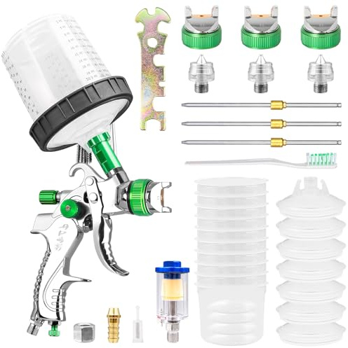 HVLP Air Paint Spray Gun Kit with 10 pcs 600 ml Cups, Car Spray Gun Tool with 3 Nozzles 1.4mm 1.7mm 2.0mm for Car Primer, Surface Painting, Coatings (Green)