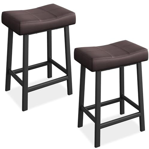 Aptliton Counter Height Bar Stools Set of 2,61cm Brown Barstools for Kitchen Island Counter, Upholstered Padded Saddle Chairs with Curved Cushion, Easy Assembly