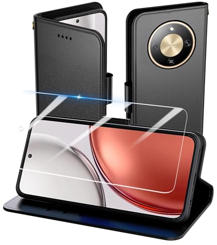 Aiziki Handyhülle für Honor Magic 8 Lite Tasche+1pc panzerglas, RFID Leder Klappbar Schutzhülle Tasche Wallet Brieftasche Cover Flip Case Kompatibel mit Honor Magic8 Lite Hülle -Schwarz