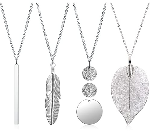 Sliverdew Lange Goldkette für Damen, 4-teilige Trendige Anhängerketten mit Stab-, Kreis-, Feder- und Dreieck-Charms, Modeschmuck für den Alltag, Party, Hochzeit, Geschenk - 28 Zoll Kette