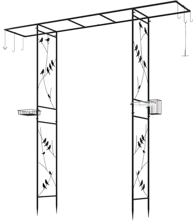 COSTWAY Rosenbogen Metall, Gartenbogen mit Vogelfutterstation, 212 x 40 x 213 cm, Torbogen mit Wasserschale, Tablett & Hängeset, Metallbogen für Vögel & Kletterpflanzen, Rosengitter Garten (Schwarz)