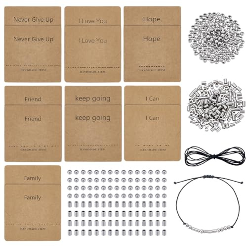 UNICRAFTALE Edelstahl Morsecode Armband Bastelset: 150 runde Zwischenperlen 150 lange Röhrchenperlen 7 verschiedene Designs 14 Morsecode Entschlüsselungskarten Und Gewachste Kordel Zum Selbermachen