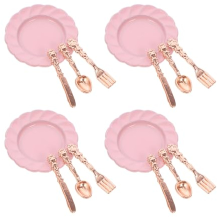 MOLUCKFU Juego de Vajilla Miniatura para Casa de Muñecas 4 Platos Rosas en Aleación 12 Piezas de Cubiertos Cucharas Tenedores y Cuchillos en Rosa Dorado Decoración Realista y