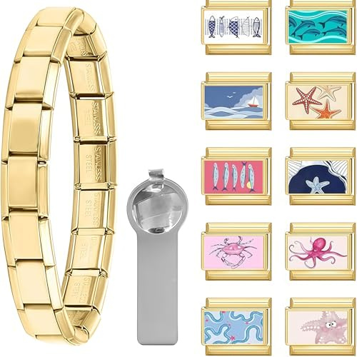 Vesavifaka Italian Charm Bracelet Charms Gold Set with 1Pcs Starter Brascelet, 10pcs Ocean Theme Italian Charms with Opening Tool, 9mm Modular Italian Charm Bulk Pack Links Handmade DIY Jewelry