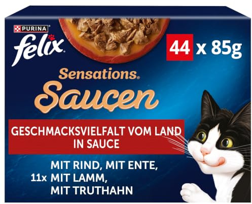 FELIX Sensations Saucen Katzenfutter nass, Geschmacksvielfalt vom Land Sorten-Mix, 44er Pack (44 x 85g)
