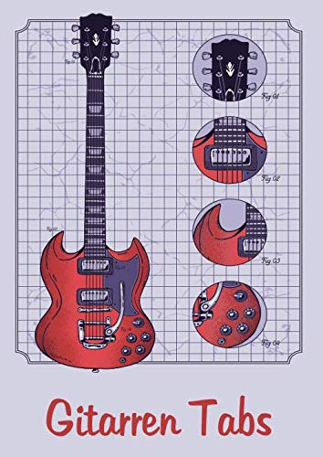 GITARREN TABS: DIN A4 für Anfänger und Fortgeschrittene / Blanko NotenBlock / Leere Notenzeilen / Notensystem / für die Schule / Komponist / mit Tabulatur und Akkorden / Design : E Gitarre Details