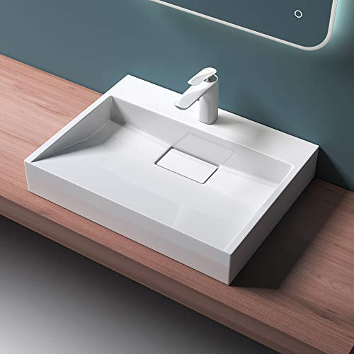 Mai & Mai Lavabo sobre Encimera Lavabo Suspendido Baño Lavabo | Rectangular | Blanco Brillante | Mármol Fundido | 60x38x11cm | 1 Orificio para Grifo con Válvula de Desagüe | Colossum19