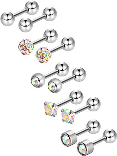 Sumind 5 Paar Edelstahl-Ohrstecker, Runde Kugel-Ohrstecker, Zirkonia, Barbell-Ohrring-Set, Helix-Piercing für Tragus-Knorpel, Ohr (AB-Farbe, 5 Paar), 0.01 kg