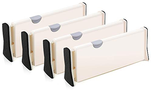 4-Pack Adjustable Drawer Dividers Organizer Separators - Good Grips Dresser Organizer - for Bedroom, Bathroom, Closet, Baby Drawer, Desk, Kitchen Storage