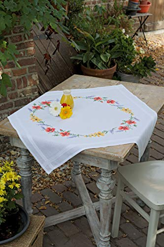 Vervaco Stickpackung Tischdecke Sticken Set Erwachsene Vorgedruckt Blumen und Lavendel Stickdecken Vorgezeichnet Decke Sticken Stickpackung Plattstich 80 x 80 cm Kreatives Geschenk