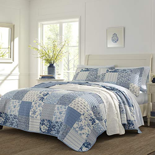 Laura Ashley | Quilt Set-100, Reversible, Lightweight & Breathable Bedding, Pre-Washed for Added Softness, Cotton, Blue, Queen