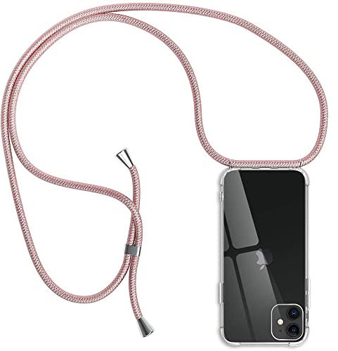 Funda para iPhone 11, Transparente Silicona Carcasa con Cuerda para Apple iPhone 11, Suave TPU Case con Cuerda para Colgar Ajustable Anti Golpes Protector Case - Rosa de Oro