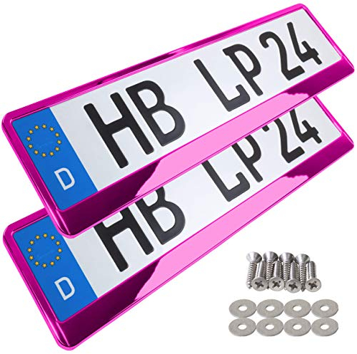 2x Number Plate Holder for Car - License Plate Holder - Pink Chrome - for UK Registration Plates - 520 x 110 mm - 8 Screws - Universal - Reg Plate Holders - fits for Car Caravan Trailer 52 x 11cm