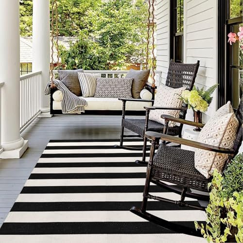 LEEVAN Black and White Outdoor Rug 4x6, Cotton Washable Outdoor Patio Rug, Black Striped Reversible Rug for Balcony Decor, Woven Entryway Rug for Layered Door Mats Porch/Front Door