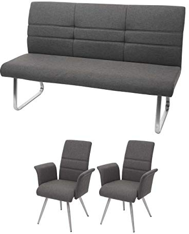 Mendler Set 2X Esszimmerstuhl+Sitzbank HWC-G55, Bank Küchenstuhl Stuhl+Armlehne, Stoff/Textil Edelstahl - grau-braun Bank 180cm