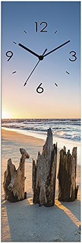 ARTLAND Wanddeko Wanduhr ohne Tickgeräusche Glas Funkuhr 20x60 cm Rechteckig Lautlos Strandbilder Meer Sonnenuntergang Strand Maritim U1UI