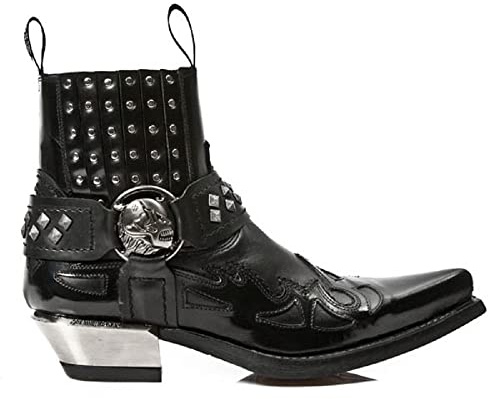 New Rock 7950-S9 Black Ankle Boots Western Goth Strap Skull Stud Metal