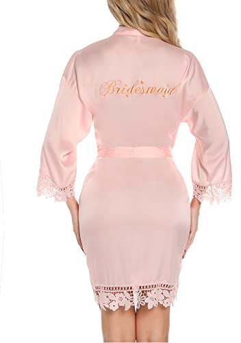 Aranmei Women Satin Robe Lace Trim Kimono Dressing Gown Silk Bridal/Bridesmaid Robe Pink M