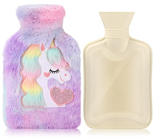 Hot Water Bottle with Cover,Removeable & Washable Soft Unicorn Plush Bottle Cover Warm in Winter,Natural Rubber 1 L for Neck,Waist,Back,Legs,Shoulder (Purple)